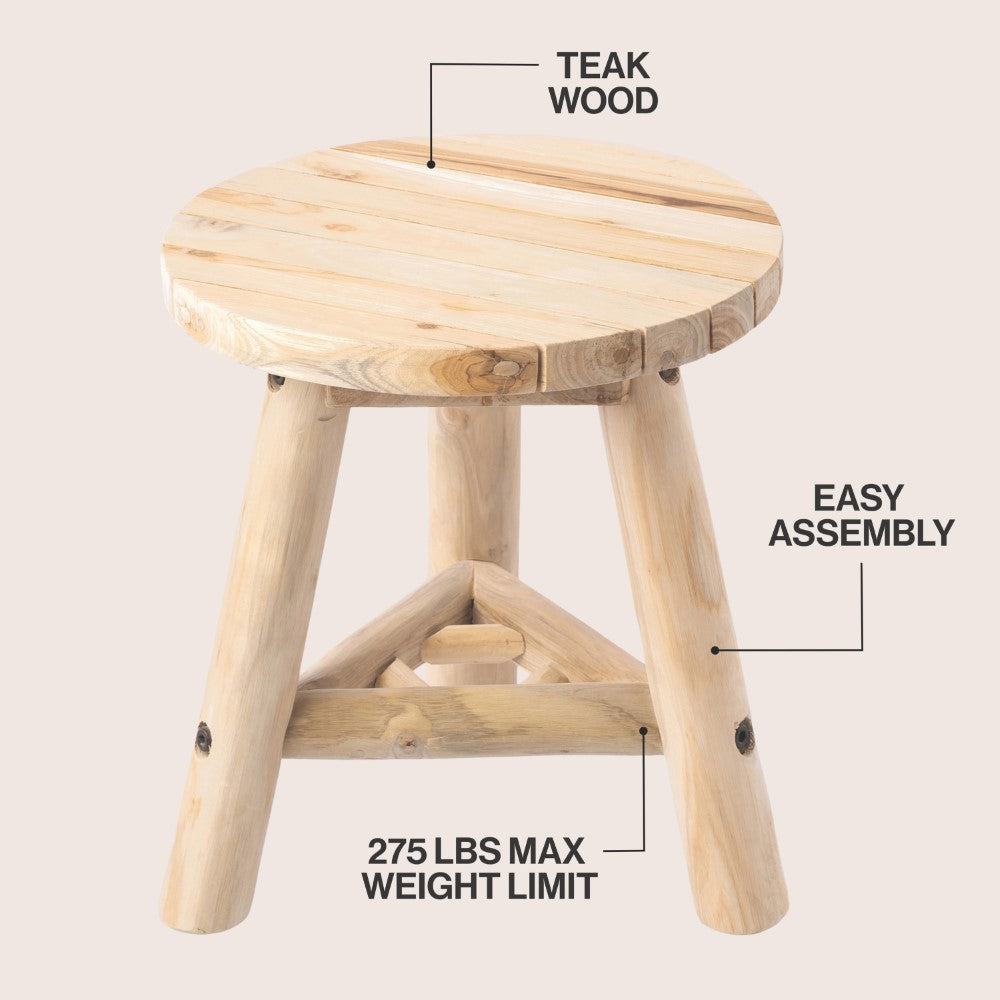 Alvero 13.8" Modern Minimalist Handcrafted Solid Teak Wood Accent Stool with Tri-Leg Base