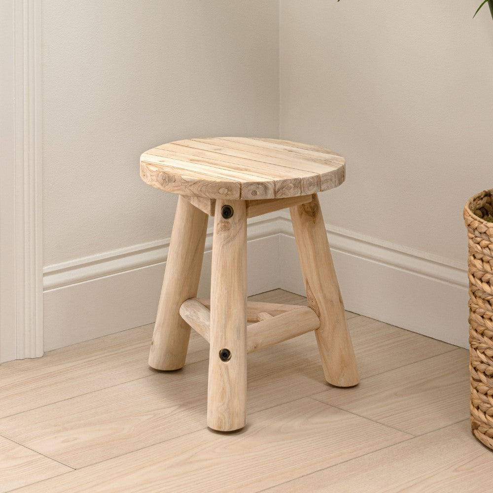 Alvero 13.8" Modern Minimalist Handcrafted Solid Teak Wood Accent Stool with Tri-Leg Base