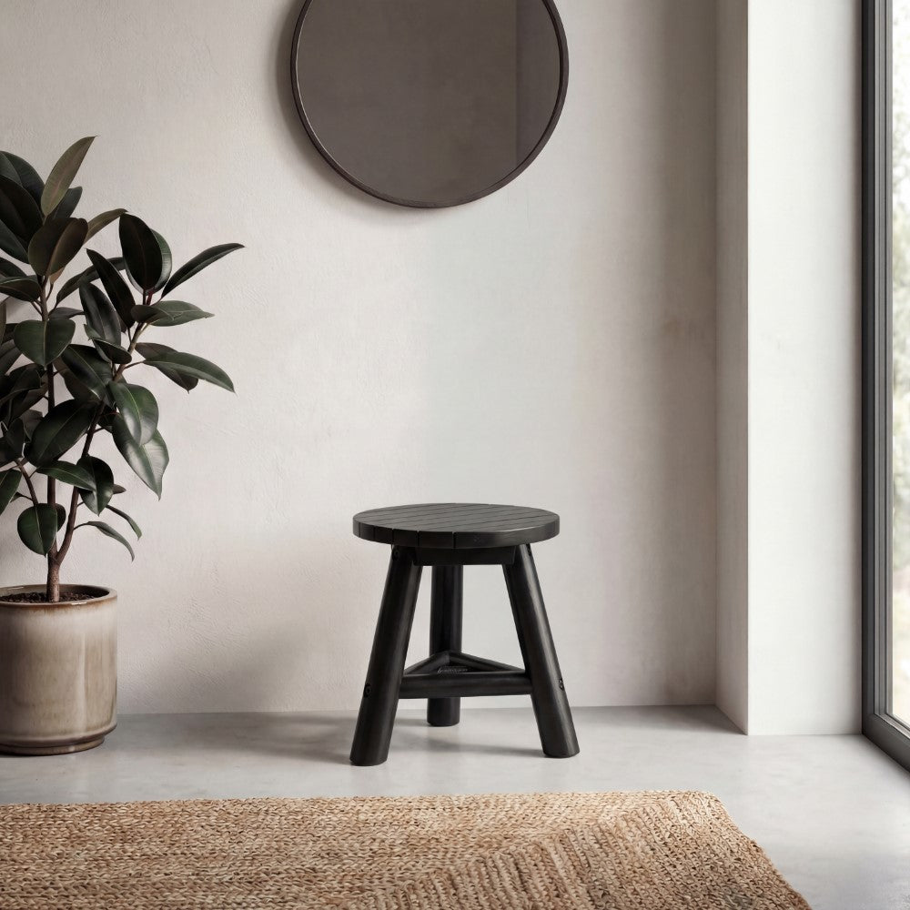 Alvero 13.8" Modern Minimalist Handcrafted Solid Teak Wood Accent Stool with Tri-Leg Base