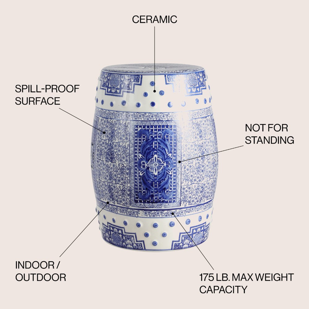 Serra 17.8" Chinoiserie Ceramic Drum Garden Stool