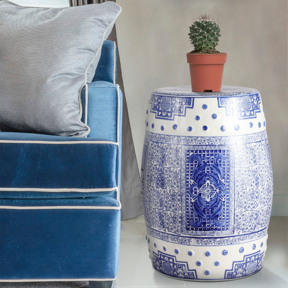 Serra 17.8" Chinoiserie Ceramic Drum Garden Stool