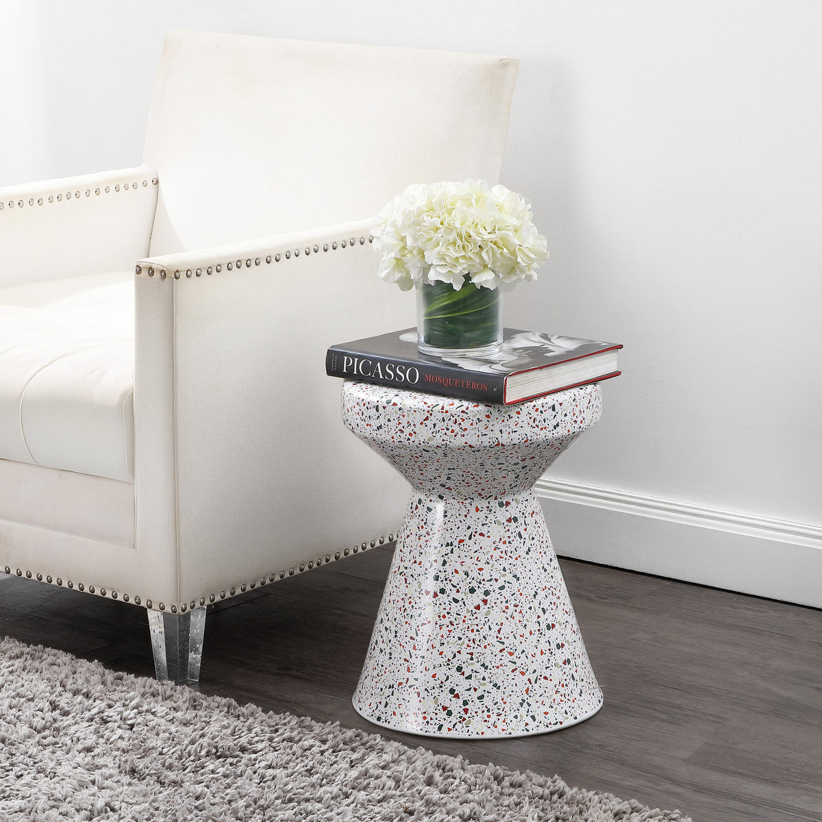 Leaf 17.75" Modern Bohemian Terrazzo Indoor/Outdoor Drum Accent Table