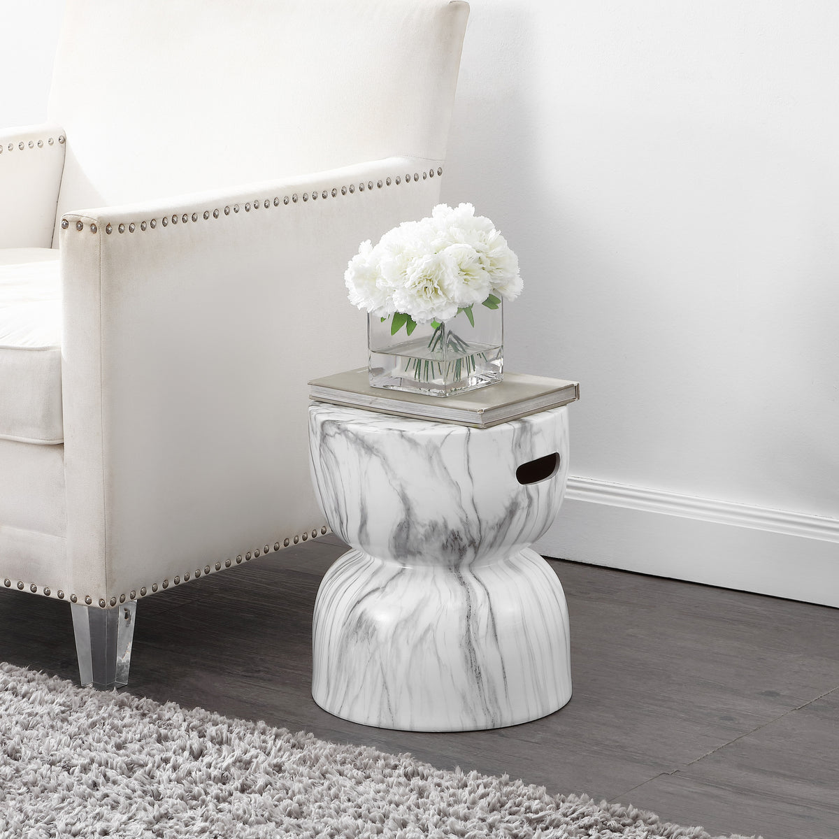 Varavara 14.75" Contemporary Modern Marble Glaze Drum Indoor/Outdoor Garden Stool