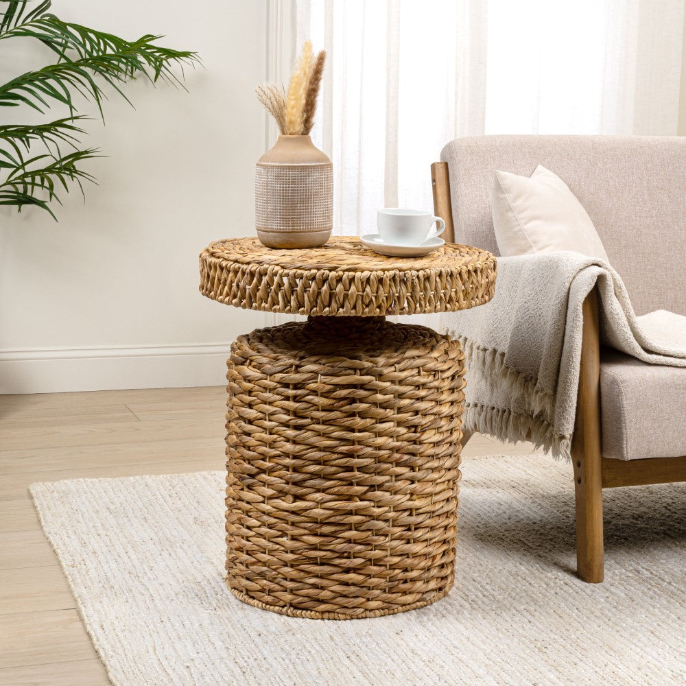Virello 19.65" Coastal Bohemian Handwoven Water Hyacinth Round Accent Side Table