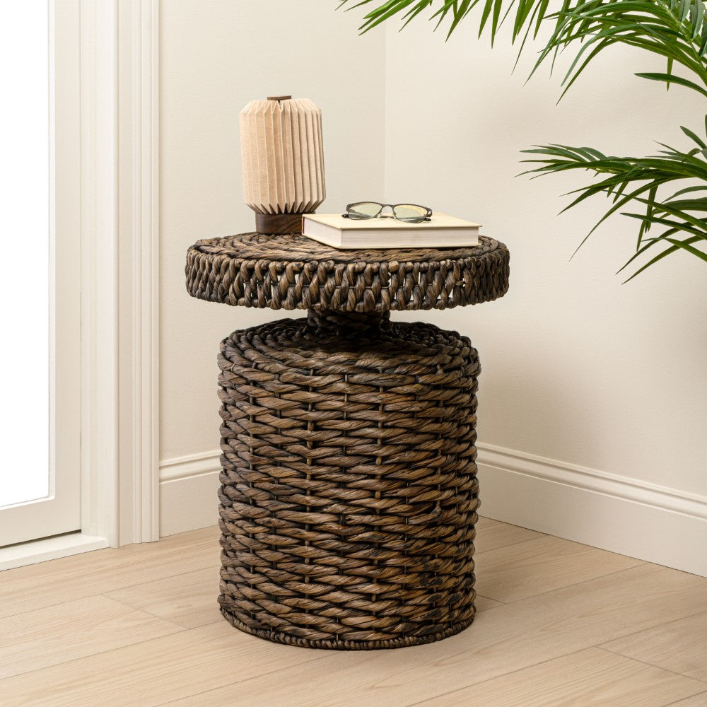 Virello 19.65" Coastal Bohemian Handwoven Water Hyacinth Round Accent Side Table