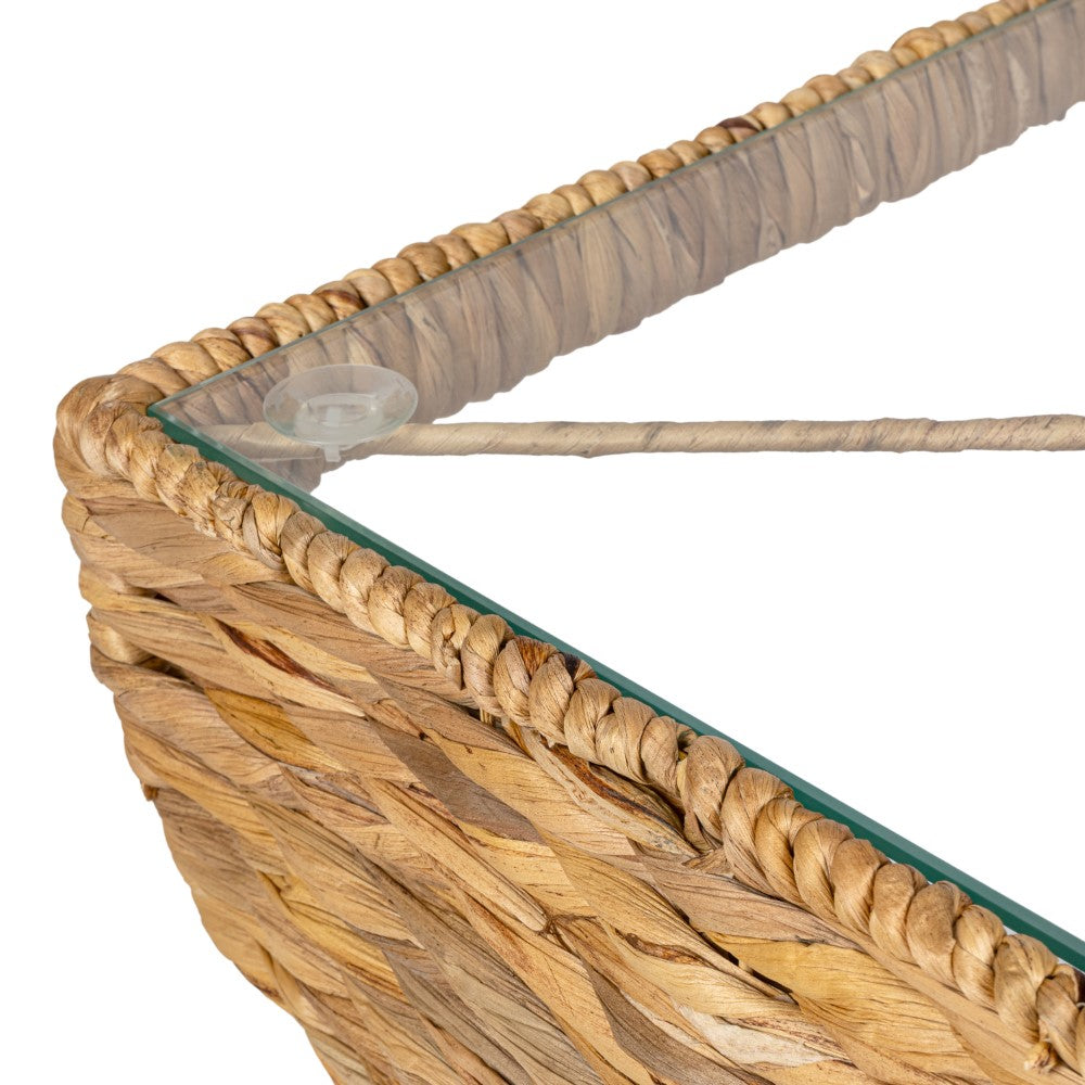 Luma 14" Coastal Bohemian Handwoven Water Hyacinth Sculptural Twisted End Table with Glass Top and Storage Shelf