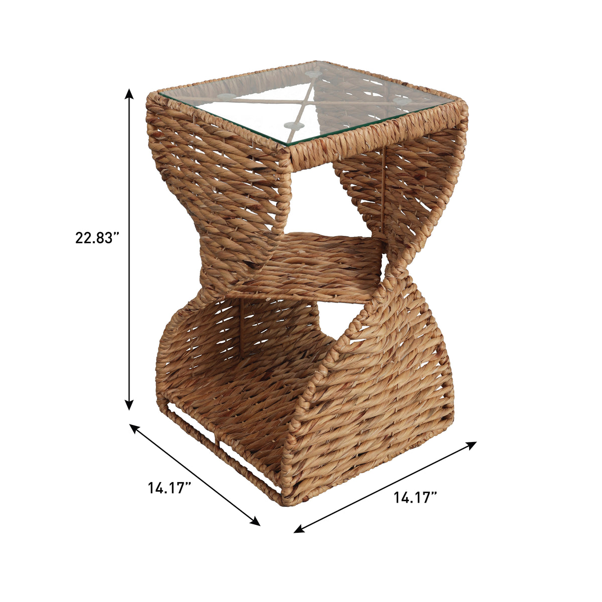 Luma 14" Coastal Bohemian Handwoven Water Hyacinth Sculptural Twisted End Table with Glass Top and Storage Shelf