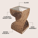Luma 14" Coastal Bohemian Handwoven Water Hyacinth Sculptural Twisted End Table with Glass Top and Storage Shelf