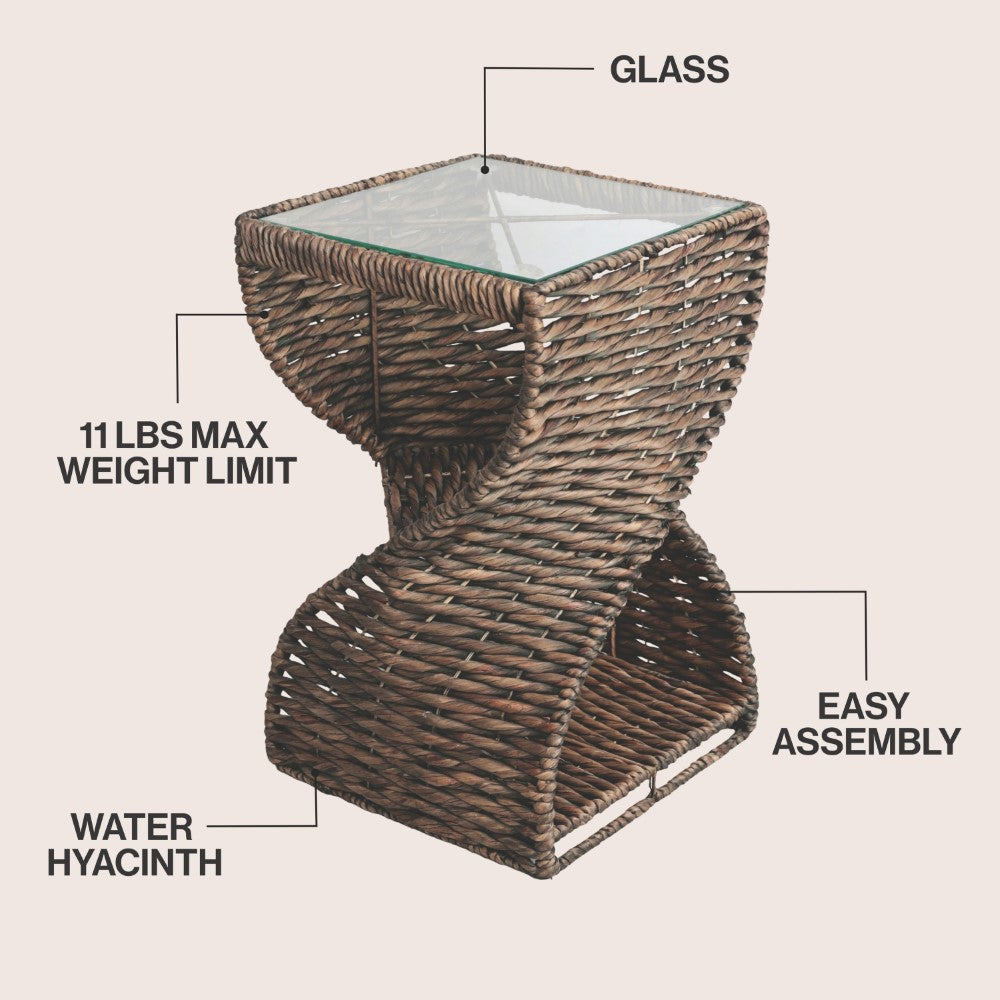 Luma 14" Coastal Bohemian Handwoven Water Hyacinth Sculptural Twisted End Table with Glass Top and Storage Shelf