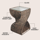 Luma 14" Coastal Bohemian Handwoven Water Hyacinth Sculptural Twisted End Table with Glass Top and Storage Shelf