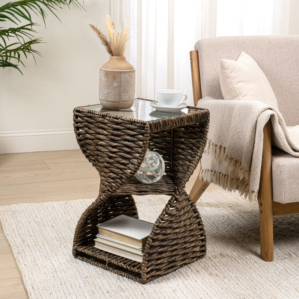 Luma 14" Coastal Bohemian Handwoven Water Hyacinth Sculptural Twisted End Table with Glass Top and Storage Shelf