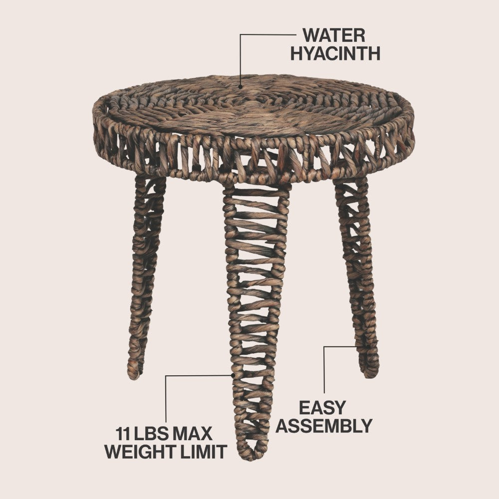 Vero 17" Coastal Bohemian Handwoven Water Hyacinth Round Tripod End Table