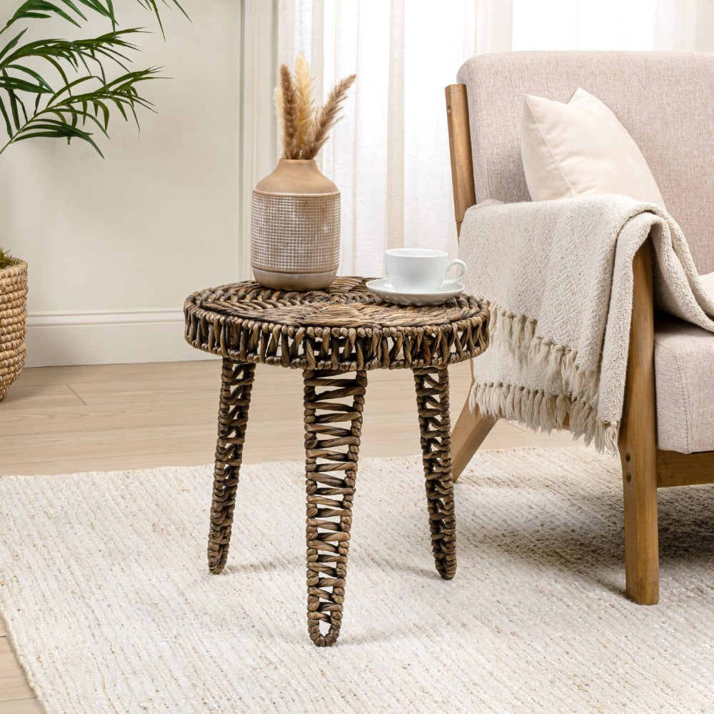 Vero 17" Coastal Bohemian Handwoven Water Hyacinth Round Tripod End Table
