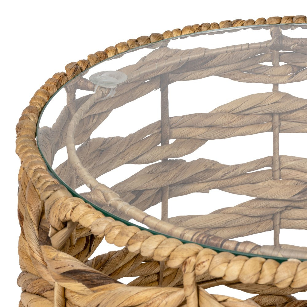 Niro 16" Bohemian Coastal Handwoven Water Hyacinth Open Weave Round End Table with Glass Top