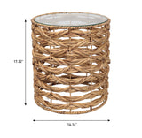 Niro 16" Bohemian Coastal Handwoven Water Hyacinth Open Weave Round End Table with Glass Top