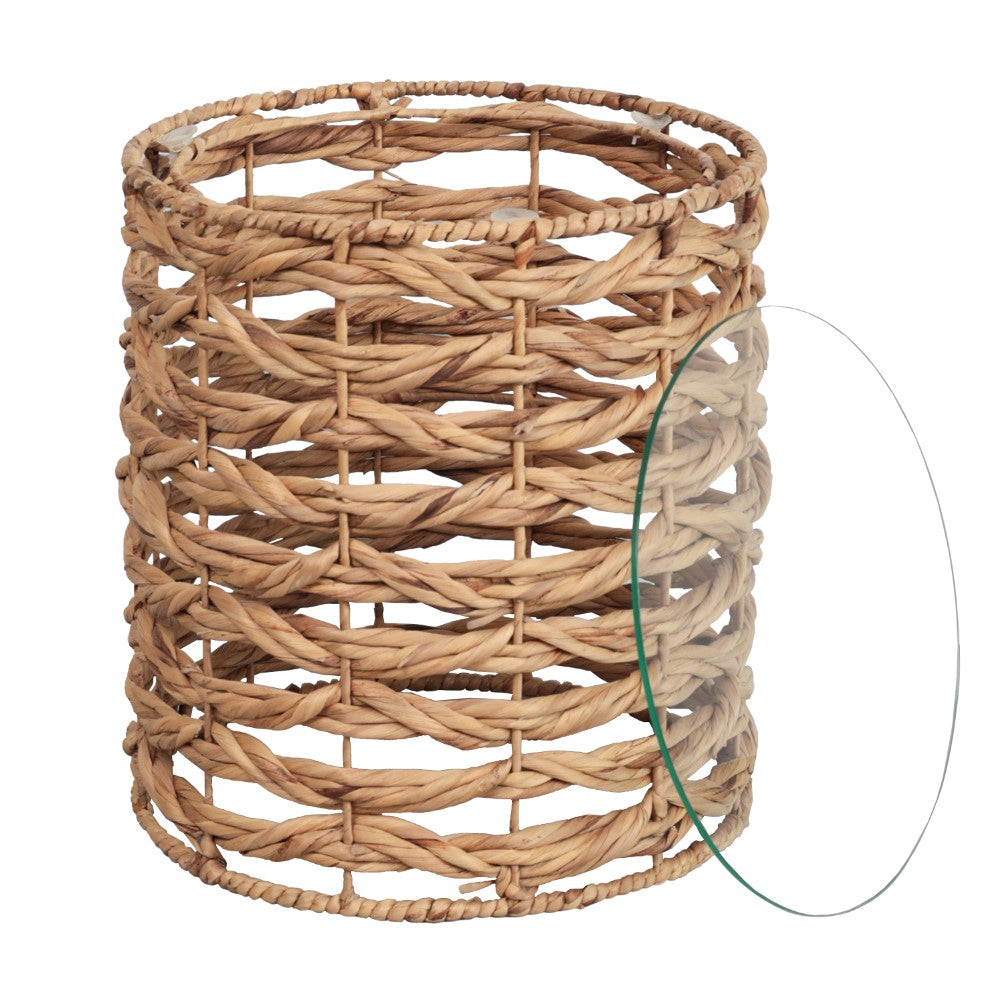 Niro 16" Bohemian Coastal Handwoven Water Hyacinth Open Weave Round End Table with Glass Top