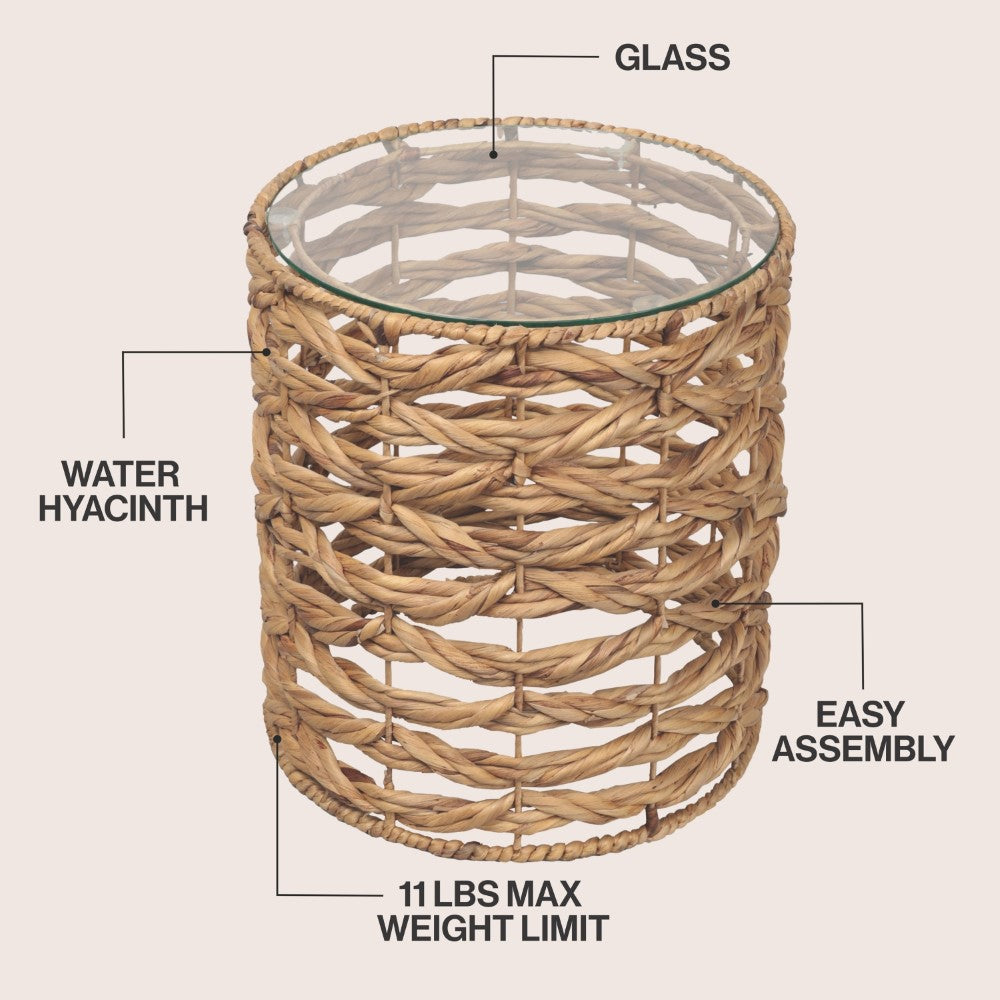 Niro 16" Bohemian Coastal Handwoven Water Hyacinth Open Weave Round End Table with Glass Top