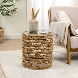 Niro 16" Bohemian Coastal Handwoven Water Hyacinth Open Weave Round End Table with Glass Top