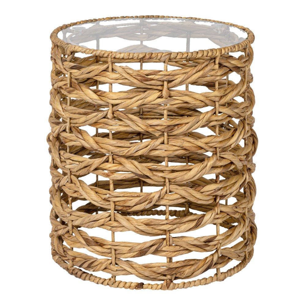 Niro 16" Bohemian Coastal Handwoven Water Hyacinth Open Weave Round End Table with Glass Top