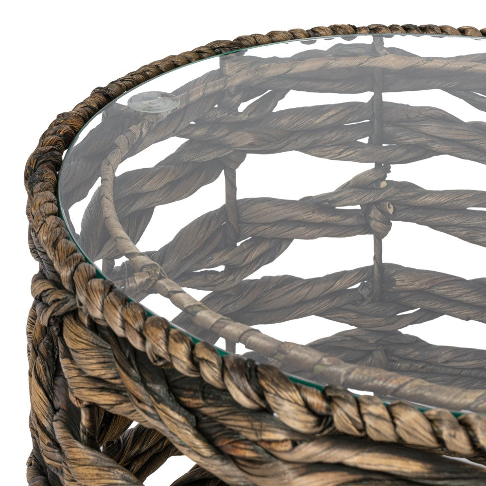 Niro 16" Bohemian Coastal Handwoven Water Hyacinth Open Weave Round End Table with Glass Top