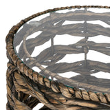 Niro 16" Bohemian Coastal Handwoven Water Hyacinth Open Weave Round End Table with Glass Top