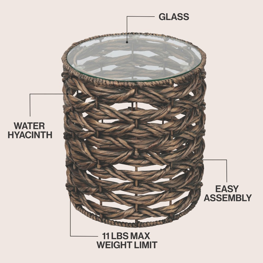 Niro 16" Bohemian Coastal Handwoven Water Hyacinth Open Weave Round End Table with Glass Top