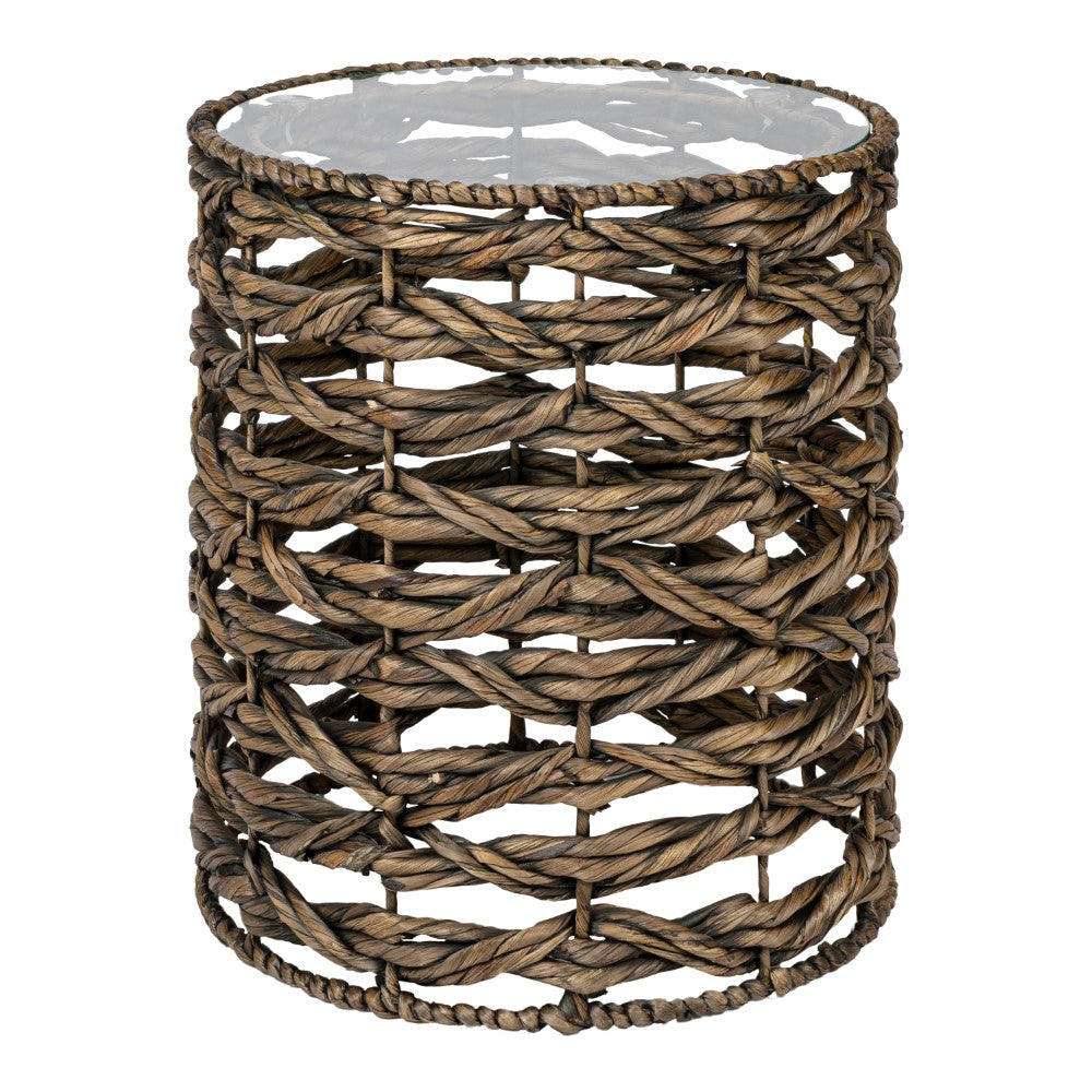 Niro 16" Bohemian Coastal Handwoven Water Hyacinth Open Weave Round End Table with Glass Top