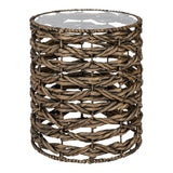 Niro 16" Bohemian Coastal Handwoven Water Hyacinth Open Weave Round End Table with Glass Top