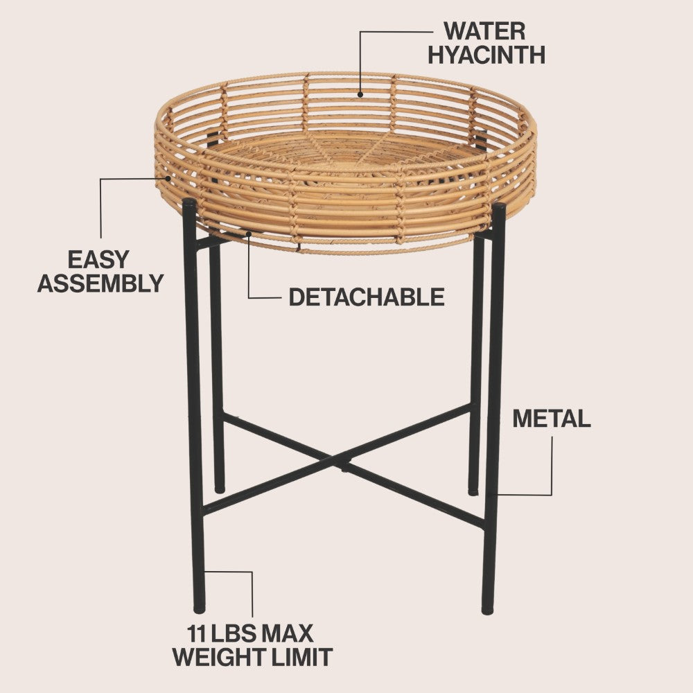 Zelo 20" Coastal Bohemian Faux Rattan Round Tray End Table with Metal Base