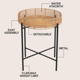 Zelo 20" Coastal Bohemian Faux Rattan Round Tray End Table with Metal Base