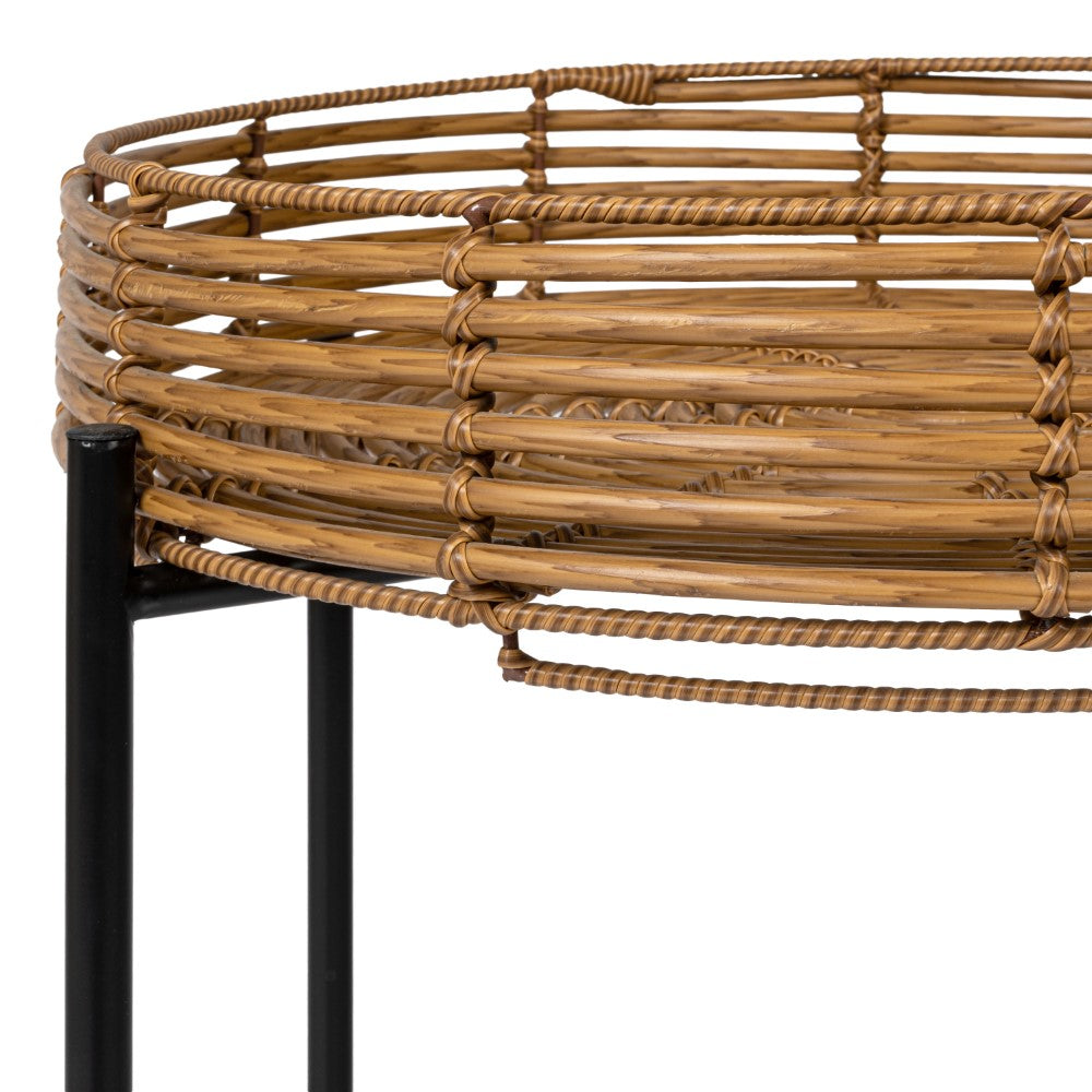 Zelo 20" Coastal Bohemian Faux Rattan Round Tray End Table with Metal Base
