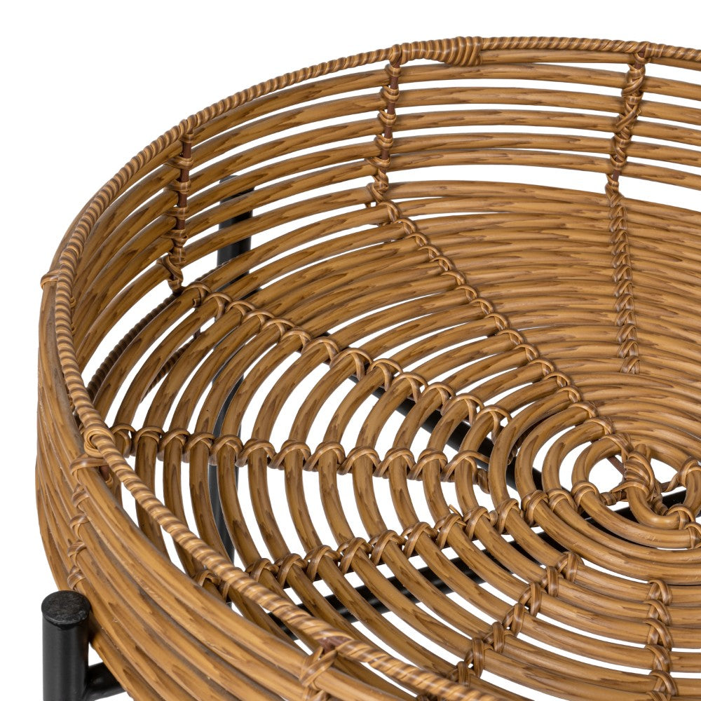 Zelo 20" Coastal Bohemian Faux Rattan Round Tray End Table with Metal Base