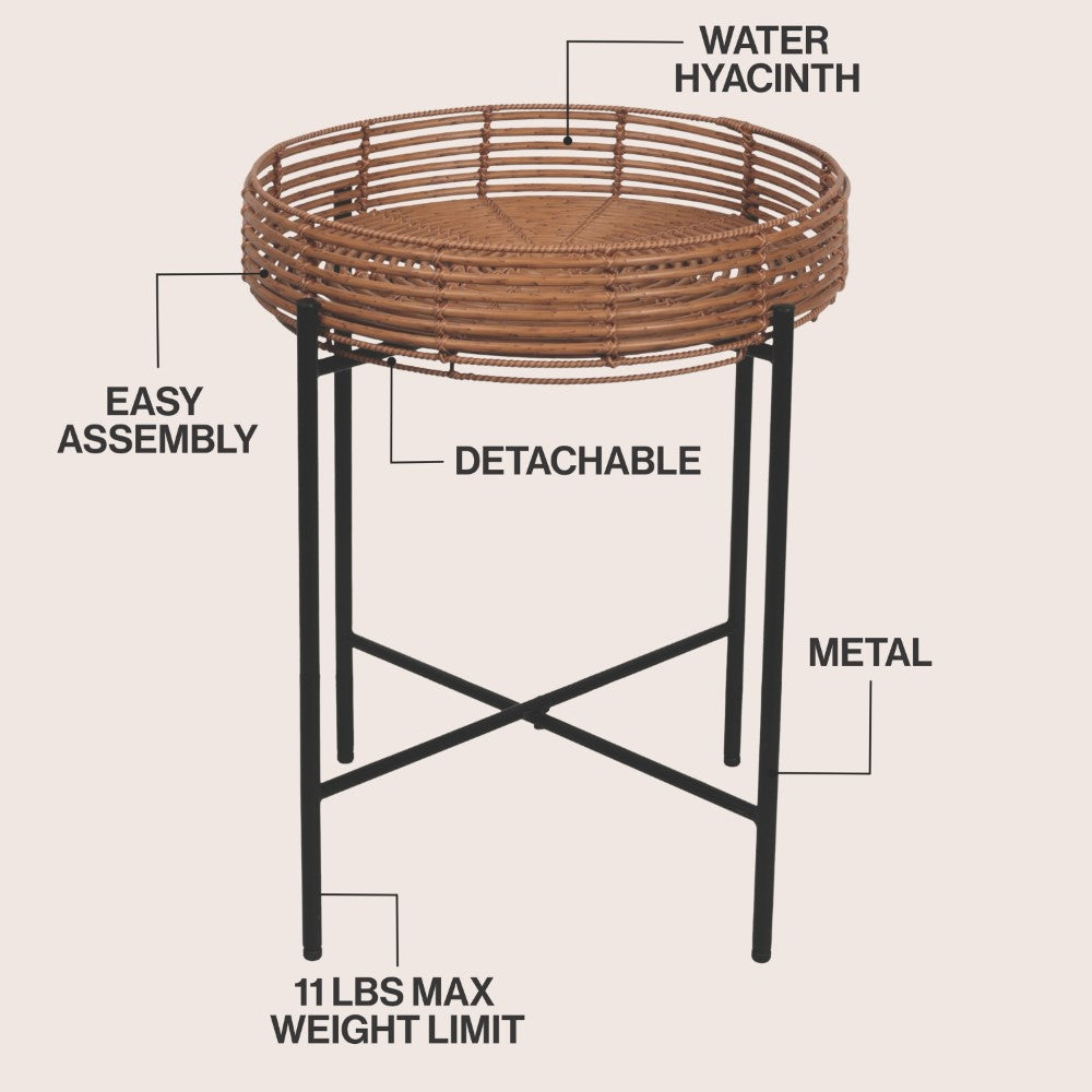 Zelo 20" Coastal Bohemian Faux Rattan Round Tray End Table with Metal Base