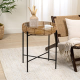 Zelo 20" Coastal Bohemian Faux Rattan Round Tray End Table with Metal Base