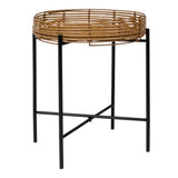 Zelo 20" Coastal Bohemian Faux Rattan Round Tray End Table with Metal Base