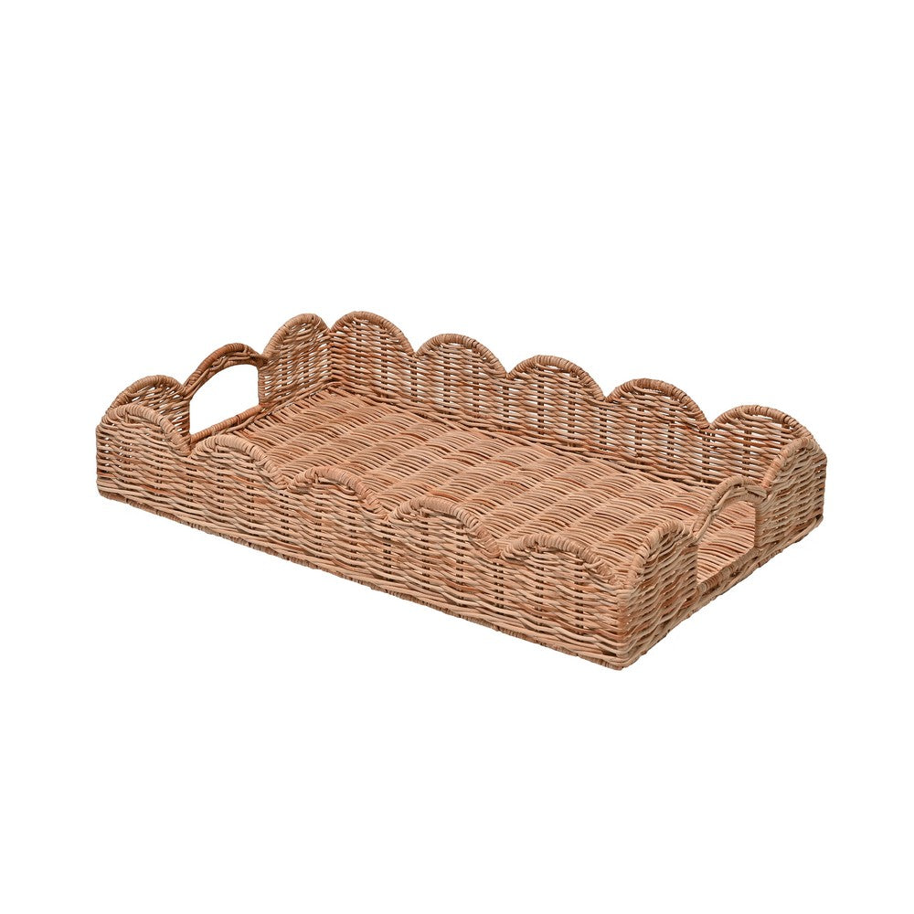 Scalloped 21.5" Southwestern Cottage Hand-Woven Rattan Tray with Handles