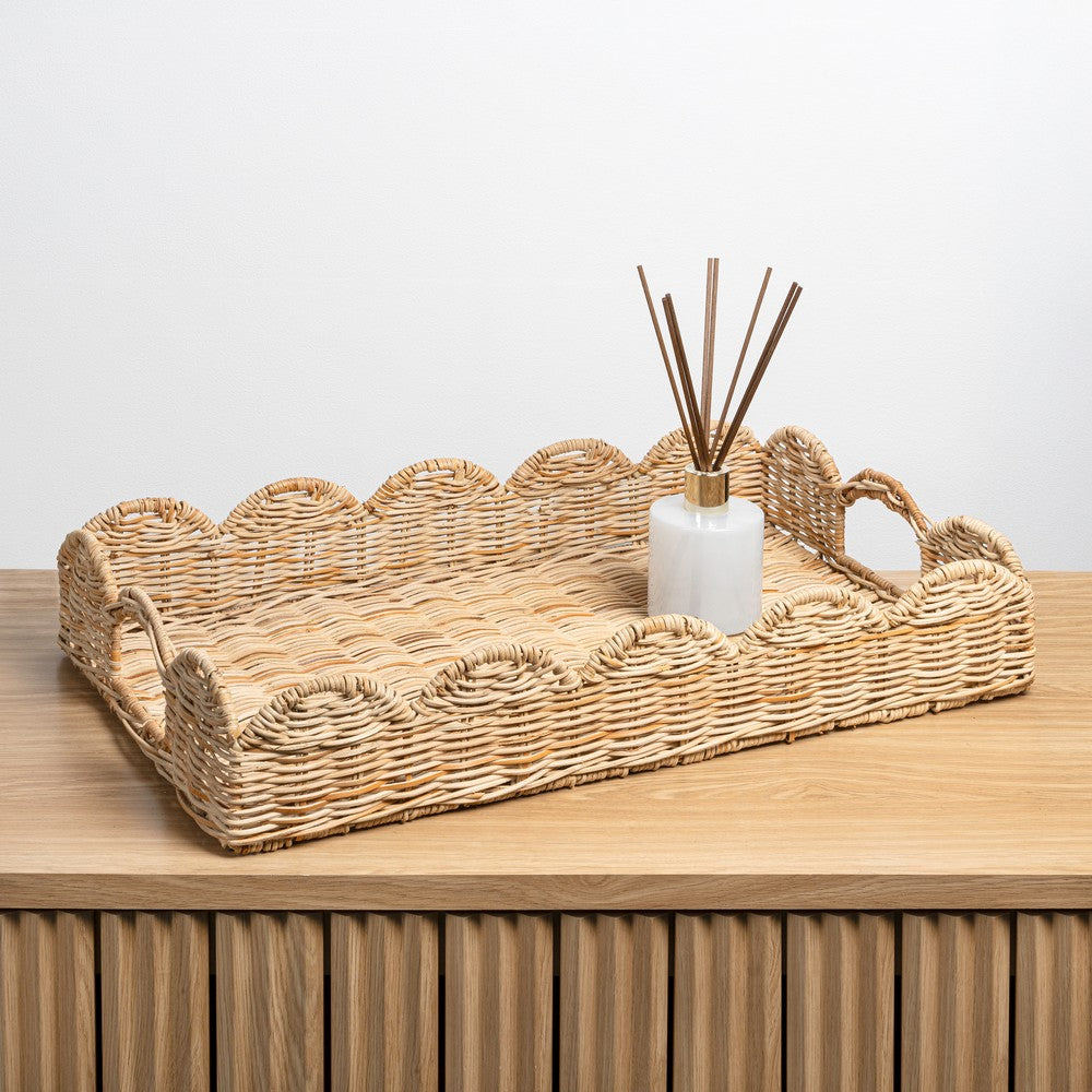 Scalloped 21.5" Southwestern Cottage Hand-Woven Rattan Tray with Handles