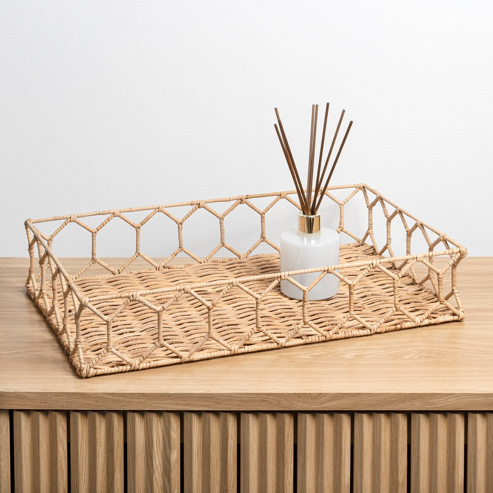 Honeycomb 19.75" Rustic Bohemian Hand-Woven Rattan Tray