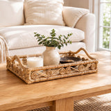 Moss 19.5 in. W x 13.5 in. D Handcrafted Rattan/Bamboo Webbing Rectangular Woven Scroll Decorative Serving Tray with Handles