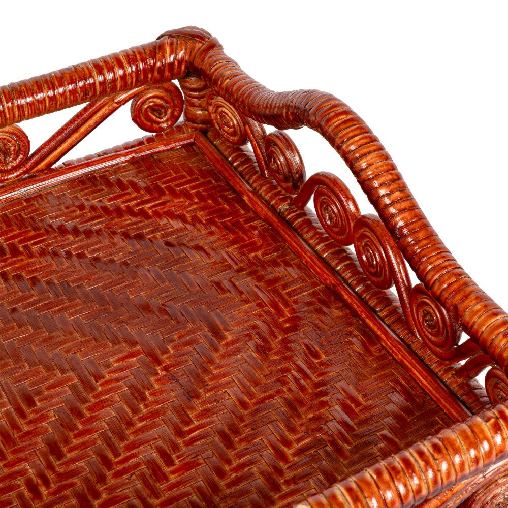 Moss 19.5 in. W x 13.5 in. D Handcrafted Rattan/Bamboo Webbing Rectangular Woven Scroll Decorative Serving Tray with Handles