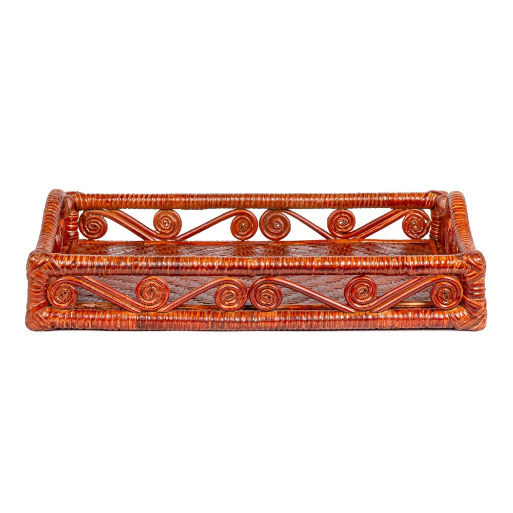 Moss 19.5 in. W x 13.5 in. D Handcrafted Rattan/Bamboo Webbing Rectangular Woven Scroll Decorative Serving Tray with Handles