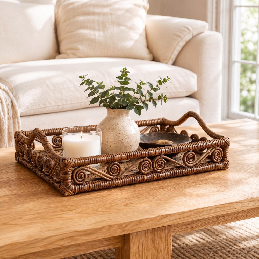 Moss 19.5 in. W x 13.5 in. D Handcrafted Rattan/Bamboo Webbing Rectangular Woven Scroll Decorative Serving Tray with Handles