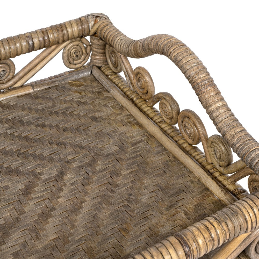 Moss 19.5 in. W x 13.5 in. D Handcrafted Rattan/Bamboo Webbing Rectangular Woven Scroll Decorative Serving Tray with Handles
