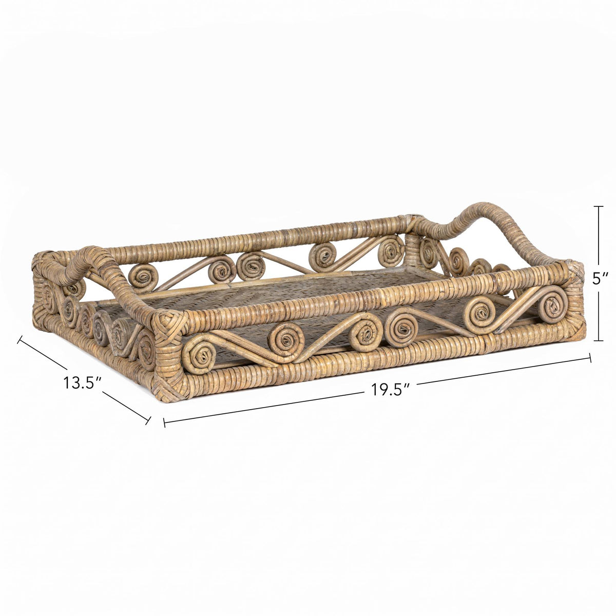 Moss 19.5 in. W x 13.5 in. D Handcrafted Rattan/Bamboo Webbing Rectangular Woven Scroll Decorative Serving Tray with Handles