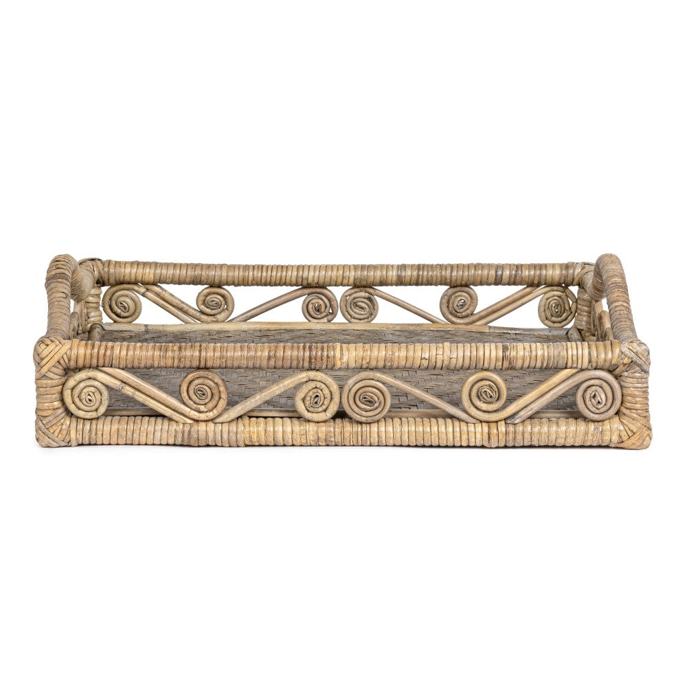 Moss 19.5 in. W x 13.5 in. D Handcrafted Rattan/Bamboo Webbing Rectangular Woven Scroll Decorative Serving Tray with Handles