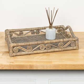 Moss 19.5 in. W x 13.5 in. D Handcrafted Rattan/Bamboo Webbing Rectangular Woven Scroll Decorative Serving Tray with Handles