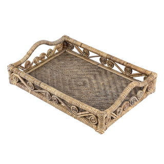 Moss 19.5 in. W x 13.5 in. D Handcrafted Rattan/Bamboo Webbing Rectangular Woven Scroll Decorative Serving Tray with Handles