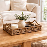 Moss 19.5 in. W x 13.5 in. D Handcrafted Rattan/Bamboo Webbing Rectangular Woven Scroll Decorative Serving Tray with Handles