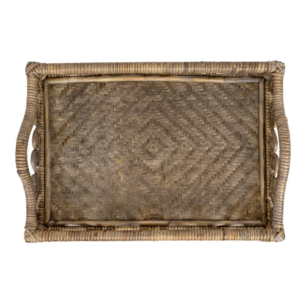 Moss 19.5 in. W x 13.5 in. D Handcrafted Rattan/Bamboo Webbing Rectangular Woven Scroll Decorative Serving Tray with Handles