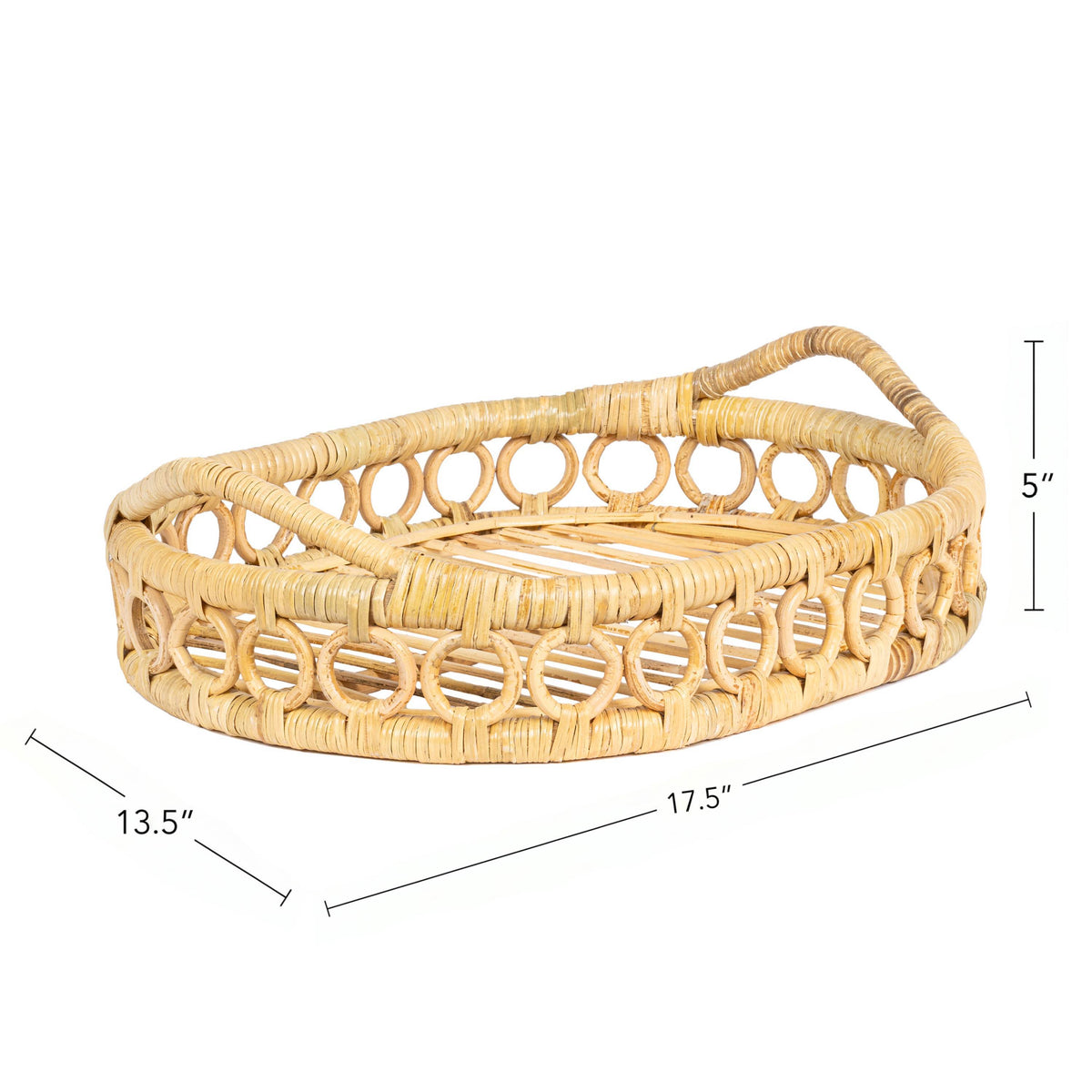 Olive 17.5 in. W x 13.5 in. D Handcrafted Rattan Oval Geometric Loop Ring Decorative Serving Tray with Handles and Slat Base
